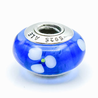 PANDORA White Flower Murano Glass On Blue Charm