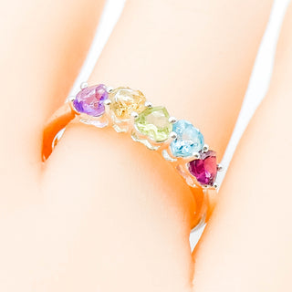 Sterling Silver Multi-Gemstone Ring With Heart Shaped Stones Size 7