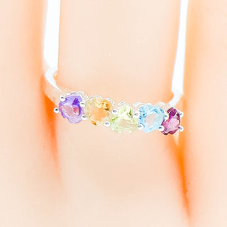 Sterling Silver Multi-Gemstone Ring With Heart Shaped Stones Size 7