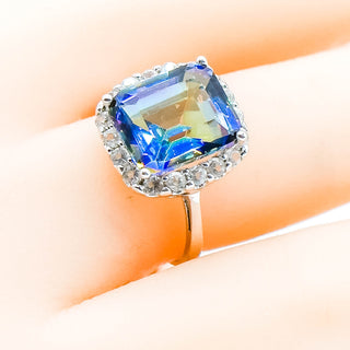 Ocean Mystic Topaz Ring With White Topaz Halo Size 7 in Sterling Silver
