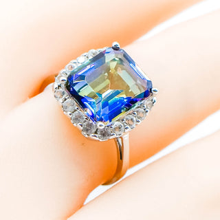 Ocean Mystic Topaz Ring With White Topaz Halo Size 7 in Sterling Silver