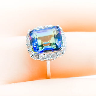 Ocean Mystic Topaz Ring With White Topaz Halo Size 7 in Sterling Silver