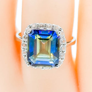 Ocean Mystic Topaz Ring With White Topaz Halo Size 7 in Sterling Silver