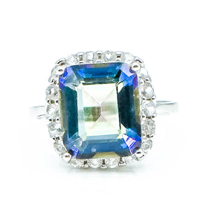 Ocean Mystic Topaz Ring With White Topaz Halo Size 7 in Sterling Silver