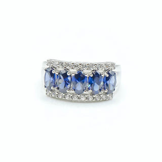 Sterling Silver Three Row Blue And White Cubic Zirconia Ring Size 8