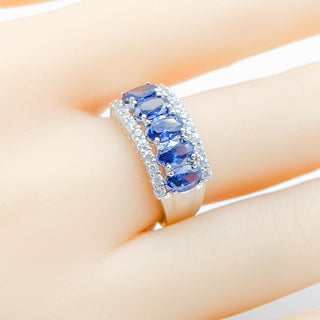 Sterling Silver Three Row Blue And White Cubic Zirconia Ring Size 8
