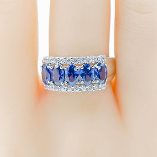 Sterling Silver Three Row Blue And White Cubic Zirconia Ring Size 8