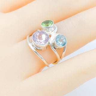 Sterling Silver Amethyst, Peridot And Topaz Three-Stone Ring Size 6.5