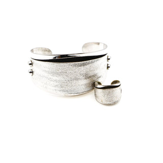 Vintage Signed Emmons Silver Tone Demi-Parure Cuff Bangle Bracelet and Ring
