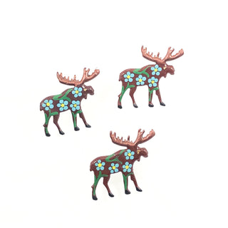 Three Little Moose Pins With Blue Flowers