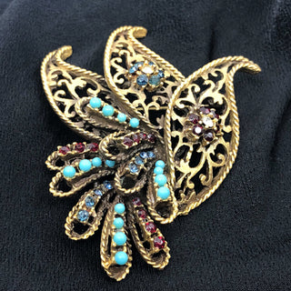 Vintage Signed BSK Large Filigree Faux Ruby and Sapphire Rhinestones And Faux Turquoise Beads Bird Brooch