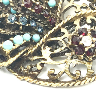 Vintage Signed BSK Large Filigree Faux Ruby and Sapphire Rhinestones And Faux Turquoise Beads Bird Brooch