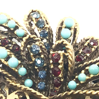 Vintage Signed BSK Large Filigree Faux Ruby and Sapphire Rhinestones And Faux Turquoise Beads Bird Brooch