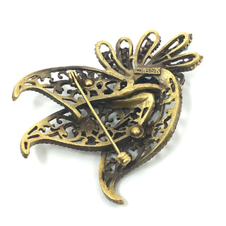 Vintage Signed BSK Large Filigree Faux Ruby and Sapphire Rhinestones And Faux Turquoise Beads Bird Brooch