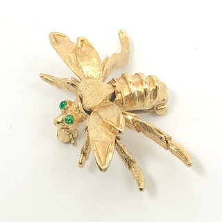 Vintage Monet Gold Tone Bee With Green Rhinestone Eyes