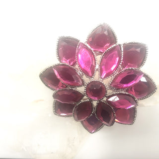 Vintage Silver Tone Flower Brooch With Faceted Pink Rhinestones