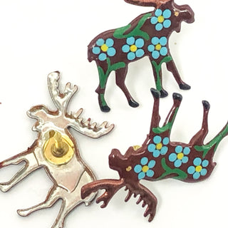 Three Little Moose Pins With Blue Flowers