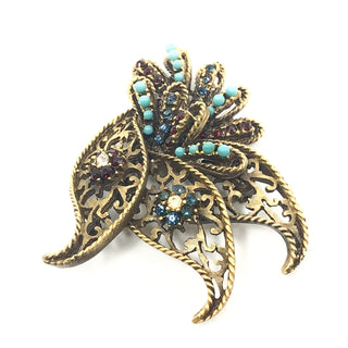 Vintage Signed BSK Large Filigree Faux Ruby and Sapphire Rhinestones And Faux Turquoise Beads Bird Brooch