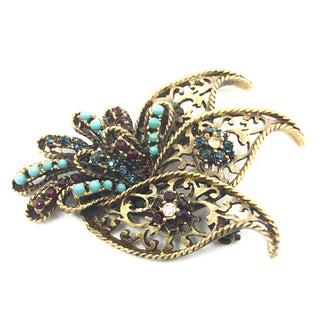 Vintage Signed BSK Large Filigree Faux Ruby and Sapphire Rhinestones And Faux Turquoise Beads Bird Brooch