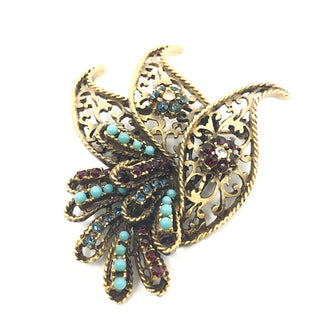 Vintage Signed BSK Large Filigree Faux Ruby and Sapphire Rhinestones And Faux Turquoise Beads Bird Brooch