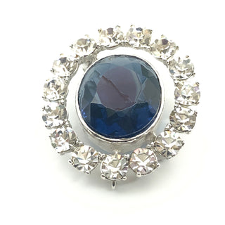 Vintage Kenneth Jay Lane Silver Tone Large Blue Oval Faceted Glass and Clear Rhinestone Brooch Pendant