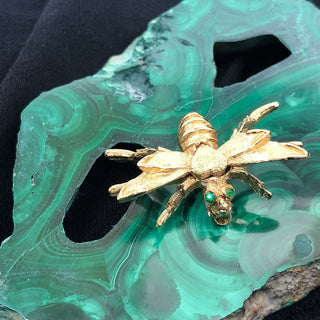 Vintage Monet Gold Tone Bee With Green Rhinestone Eyes