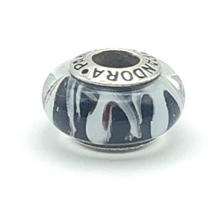PANDORA Zebra Murano S925 ALE Sterling Silver Charm Black And White Zebra Animal Print Murano Glass Bead 790938 - Retired