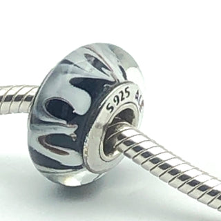 PANDORA Zebra Murano S925 ALE Sterling Silver Charm Black And White Zebra Animal Print Murano Glass Bead 790938 - Retired