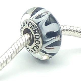 PANDORA Zebra Murano S925 ALE Sterling Silver Charm Black And White Zebra Animal Print Murano Glass Bead 790938 - Retired