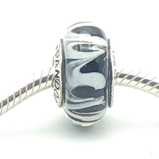 PANDORA Zebra Murano S925 ALE Sterling Silver Charm Black And White Zebra Animal Print Murano Glass Bead 790938 - Retired