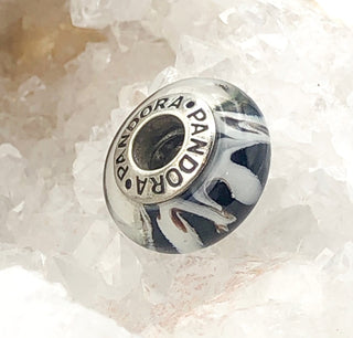PANDORA Zebra Murano S925 ALE Sterling Silver Charm Black And White Zebra Animal Print Murano Glass Bead 790938 - Retired
