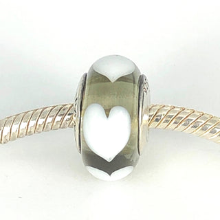 PANDORA Clear With White Hearts Murano Glass Sterling Silver Charm