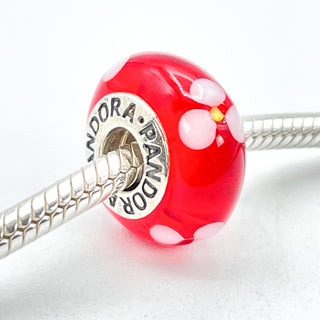 PANDORA Red Flowers Murano Glass Sterling Silver Charm