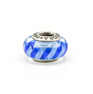 PANDORA Teal-Blue Stripes Murano Glass Sterling Silver Charm 790611 - Retired