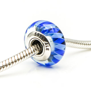 PANDORA Teal-Blue Stripes Murano Glass Sterling Silver Charm 790611 - Retired