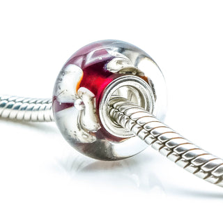 CHAMILIA Red Floral Murano Glass Charm Bead With Sterling Silver Core