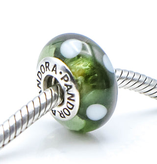 PANDORA Black White Polka Dots Murano Glass Sterling Silver Charm