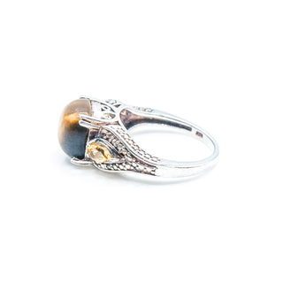 Sterling Silver Tiger's Eye And Citrine Three Stone Ring Size 7