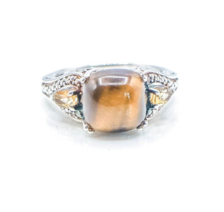 Sterling Silver Tiger's Eye And Citrine Three Stone Ring Size 7