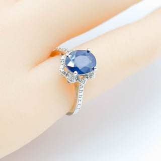 Sterling Silver Oval Blue Sapphire And Diamonds Accent Ring Size 5