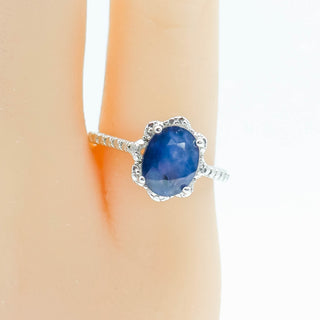 Sterling Silver Oval Blue Sapphire And Diamonds Accent Ring Size 5