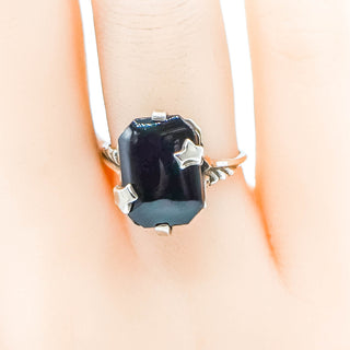 Vintage Sterling Silver Black Glass Cabochon Ring Size 6 3/4