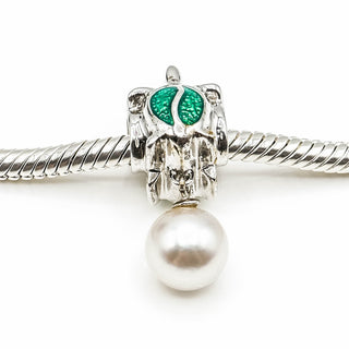 Vintage Sterling Silver Sea Turtle Pearl Dangle Charm With Green Enamel