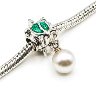 Vintage Sterling Silver Sea Turtle Pearl Dangle Charm With Green Enamel
