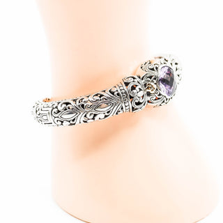 BALI TREASURES Amethyst Floral Filigree Sterling Silver 7.5-Inch Hinged Cuff Bracelet With 18K Gold Accent