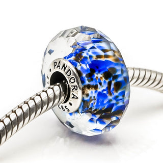 PANDORA RARE Deep Ocean Sea Glass Faceted Murano Glass Sterling Silver Charm