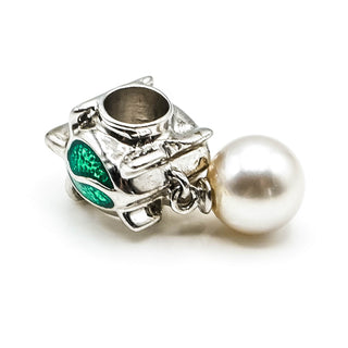 Vintage Sterling Silver Sea Turtle Pearl Dangle Charm With Green Enamel