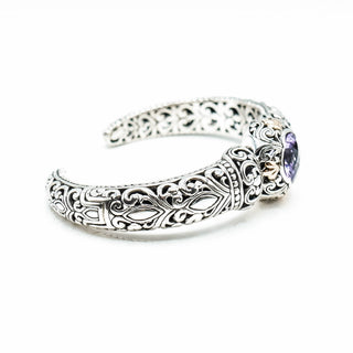 BALI TREASURES Amethyst Floral Filigree Sterling Silver 7.5-Inch Hinged Cuff Bracelet With 18K Gold Accent