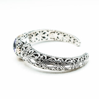 BALI TREASURES Amethyst Floral Filigree Sterling Silver 7.5-Inch Hinged Cuff Bracelet With 18K Gold Accent
