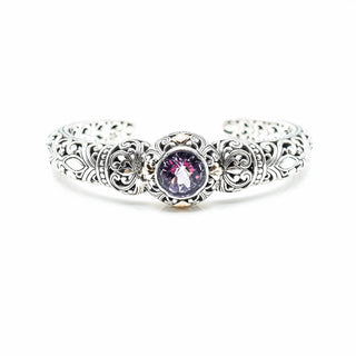 BALI TREASURES Amethyst Floral Filigree Sterling Silver 7.5-Inch Hinged Cuff Bracelet With 18K Gold Accent